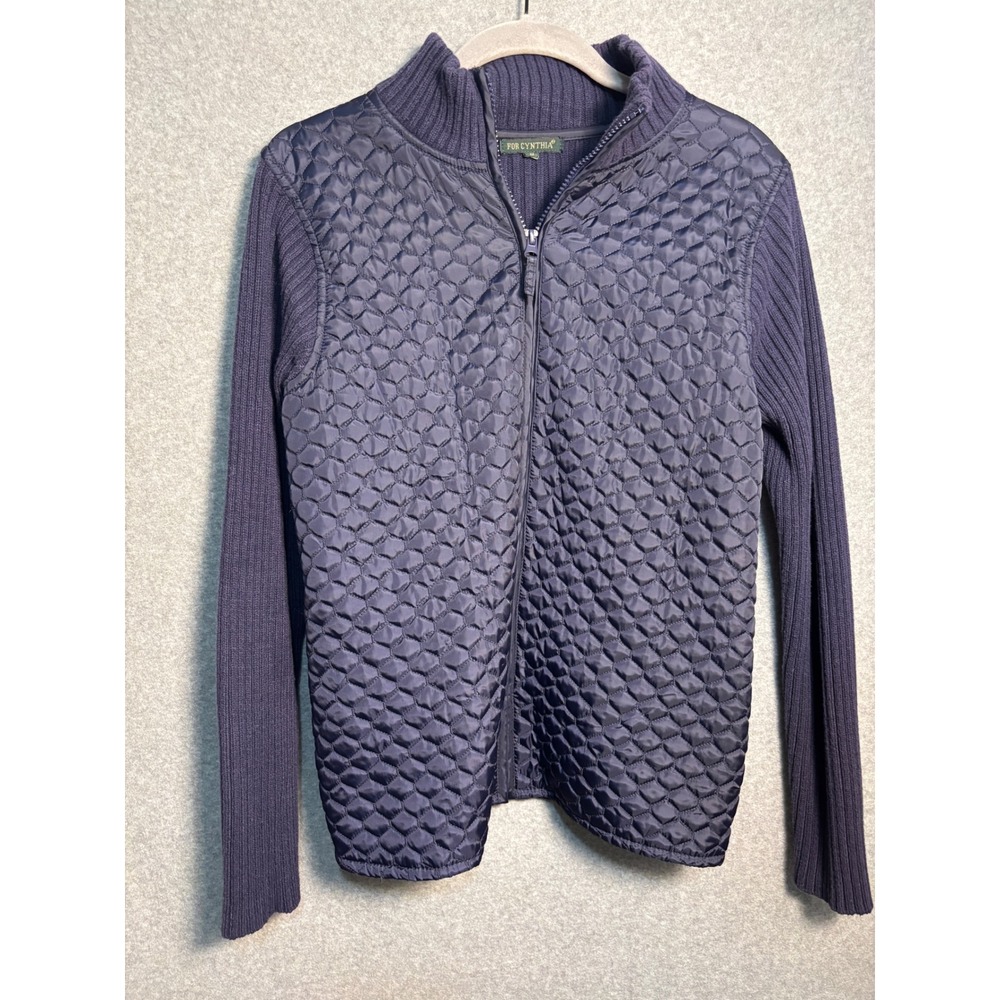 For Cynthia Quilted Knit Jacket Medium Navy Zip Up Lightweight Preppy Cozy